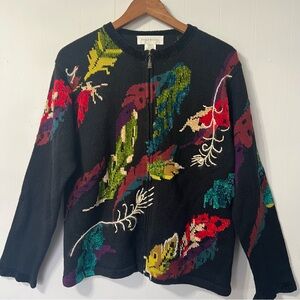 Susan Bristol Vintage Y2K Black Multicolor Zip Up Colorful Grannycore Sweater L